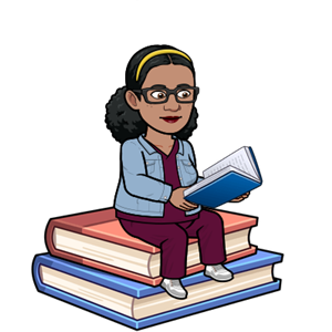 Bitmoji character sitting on two books while reading a book.
